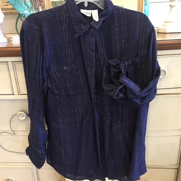 Chico’s navy sparkle stripe tab-sleeves top - Picture 2 of 4
